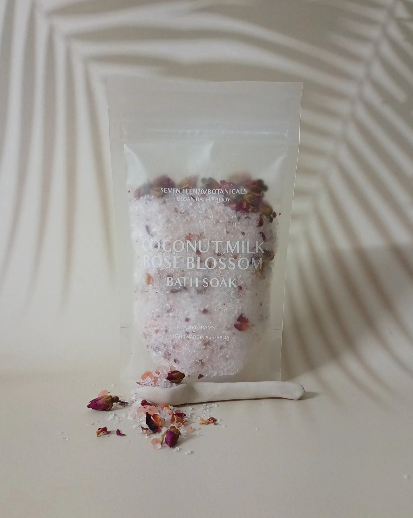 Coconut milk rose blossom bath soak by seventeen seventy made in Australia all natural ingredients