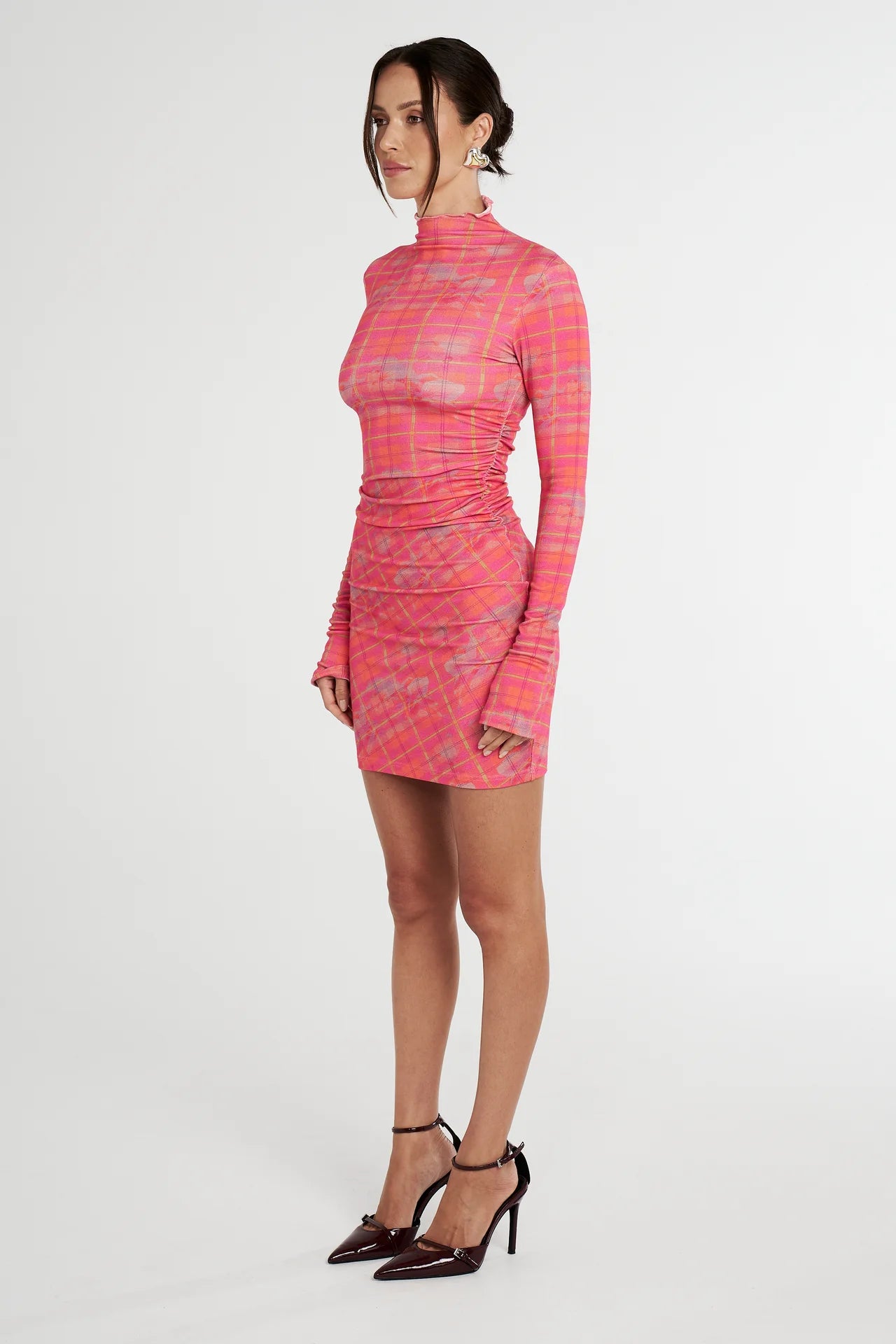 LS Ruched Dress - Neon Plaid