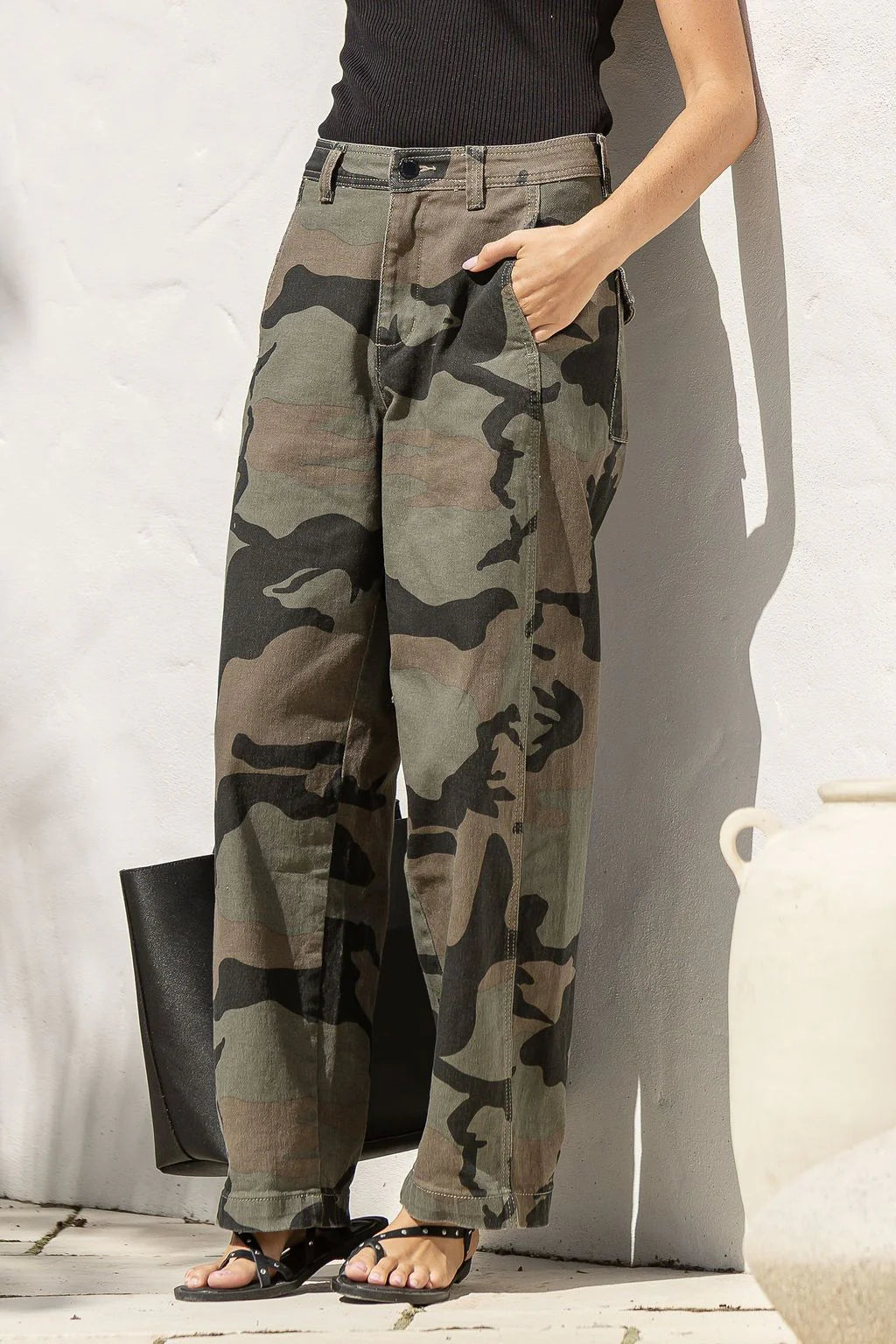 Stretch Camo Barrel Jean Khaki | Studio Row Australia