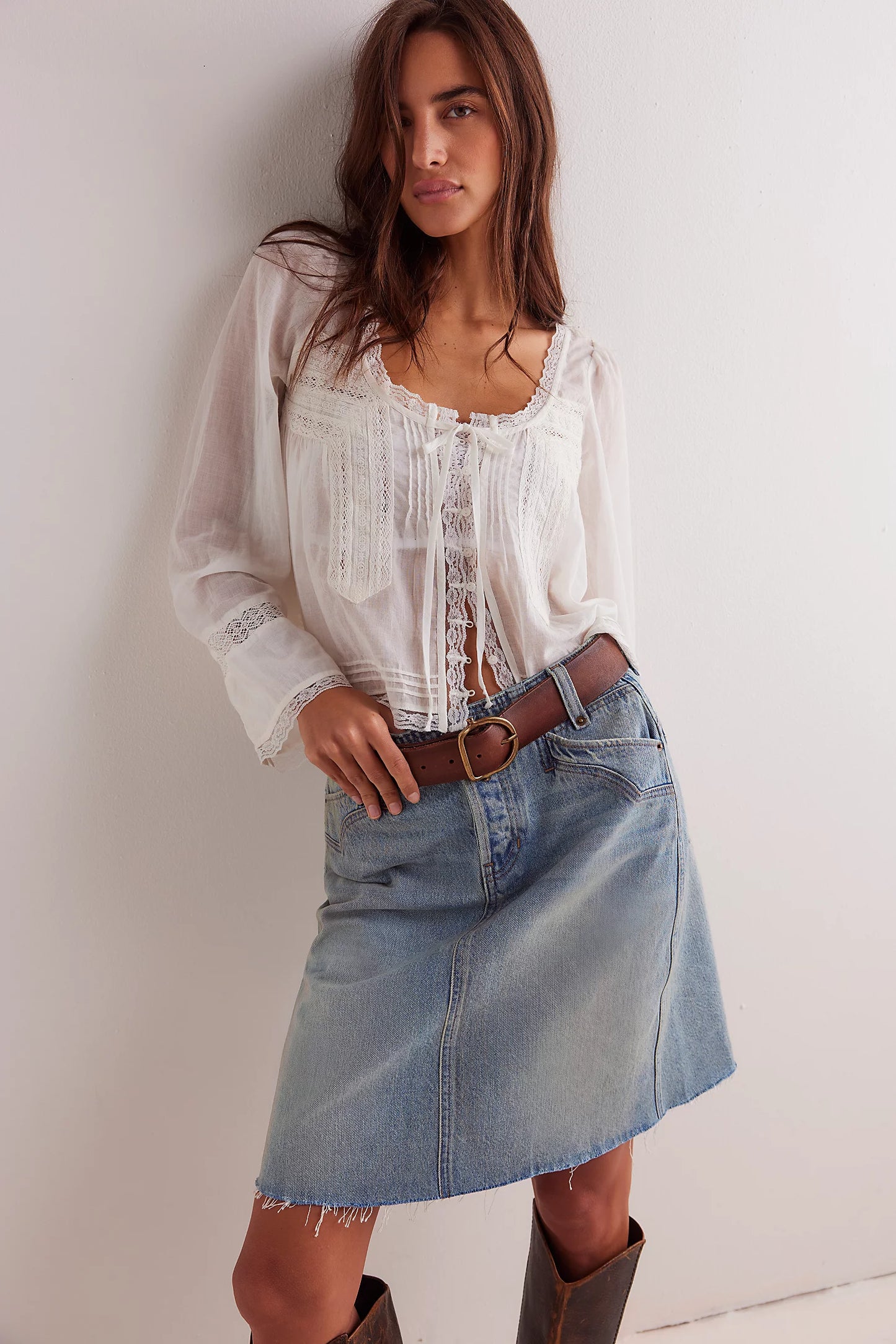 We The Free Suzie Denim Midi Skirt-sun stoned blue