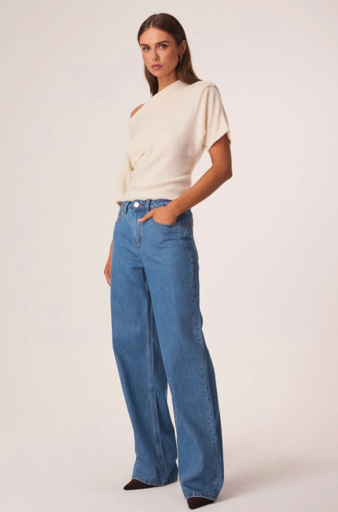 SNDYS Wilda Top in Cream Marle — textured fluffy knit top with an exaggerated on- or off-shoulder neckline
