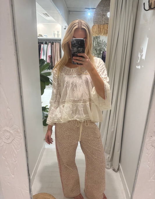 By Frankie Cream Leopard Heart Stripe Pant | Wide Leg
