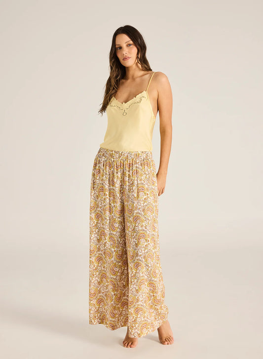 Tigerlily Calista Alanya wide-leg viscose pant in Sunstone print, styled coastal and relaxed