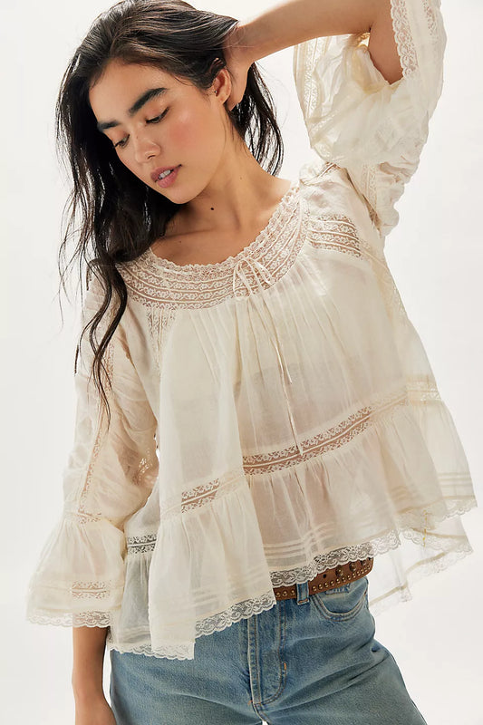 Free People She's A Romantic Blouse | Lace Cotton Top