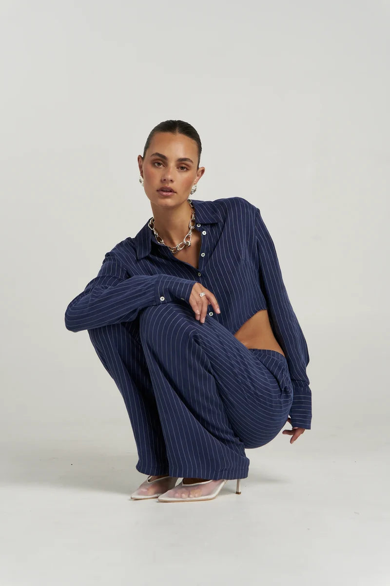 Summi Summi Boss Pant – Navy Pinstripe | Wide Leg Pants AU