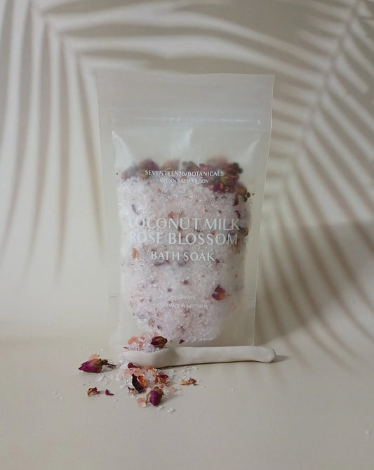Coconut milk rose blossom bath soak by seventeen seventy made in Australia all natural ingredients
