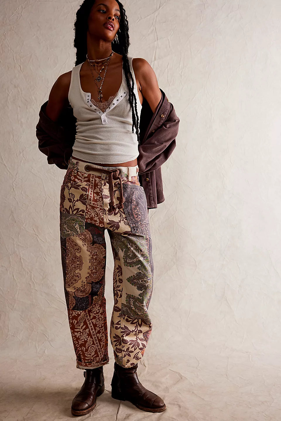 We The Free Moxie Printed Low-Slung Barrel Jeans - Brown Combo