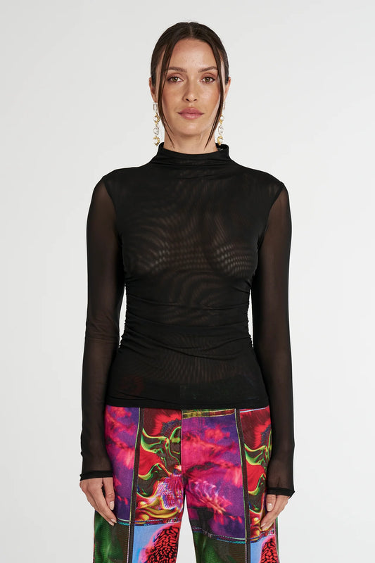 LS Runched High Neck Top - Midnight Black