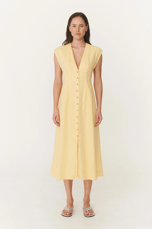 MIRA LINEN MIDI DRESS - LEMON