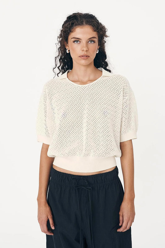 LORETTA POINTELLE KNIT TOP - BONE