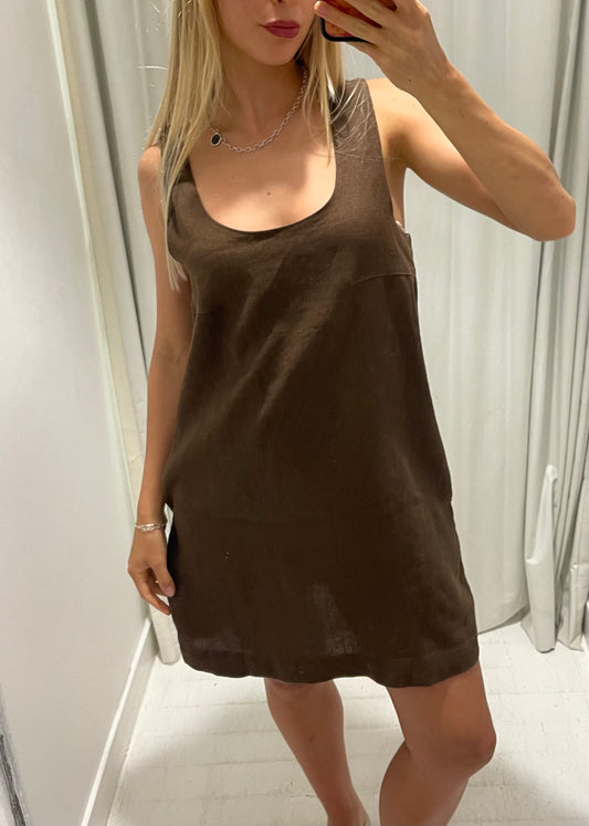 Tie Back Linen Dress - Chocolate