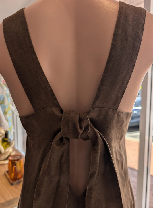 Tie Back Linen Dress - Chocolate