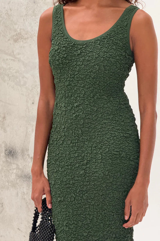 Crinkle Knit Dress - Tallow Green
