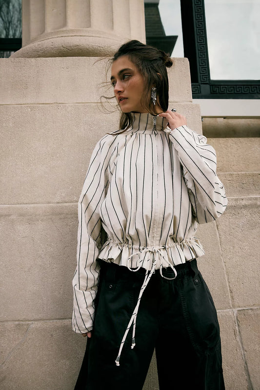 Devon Striped Balloon Funnel-Neck Jacket