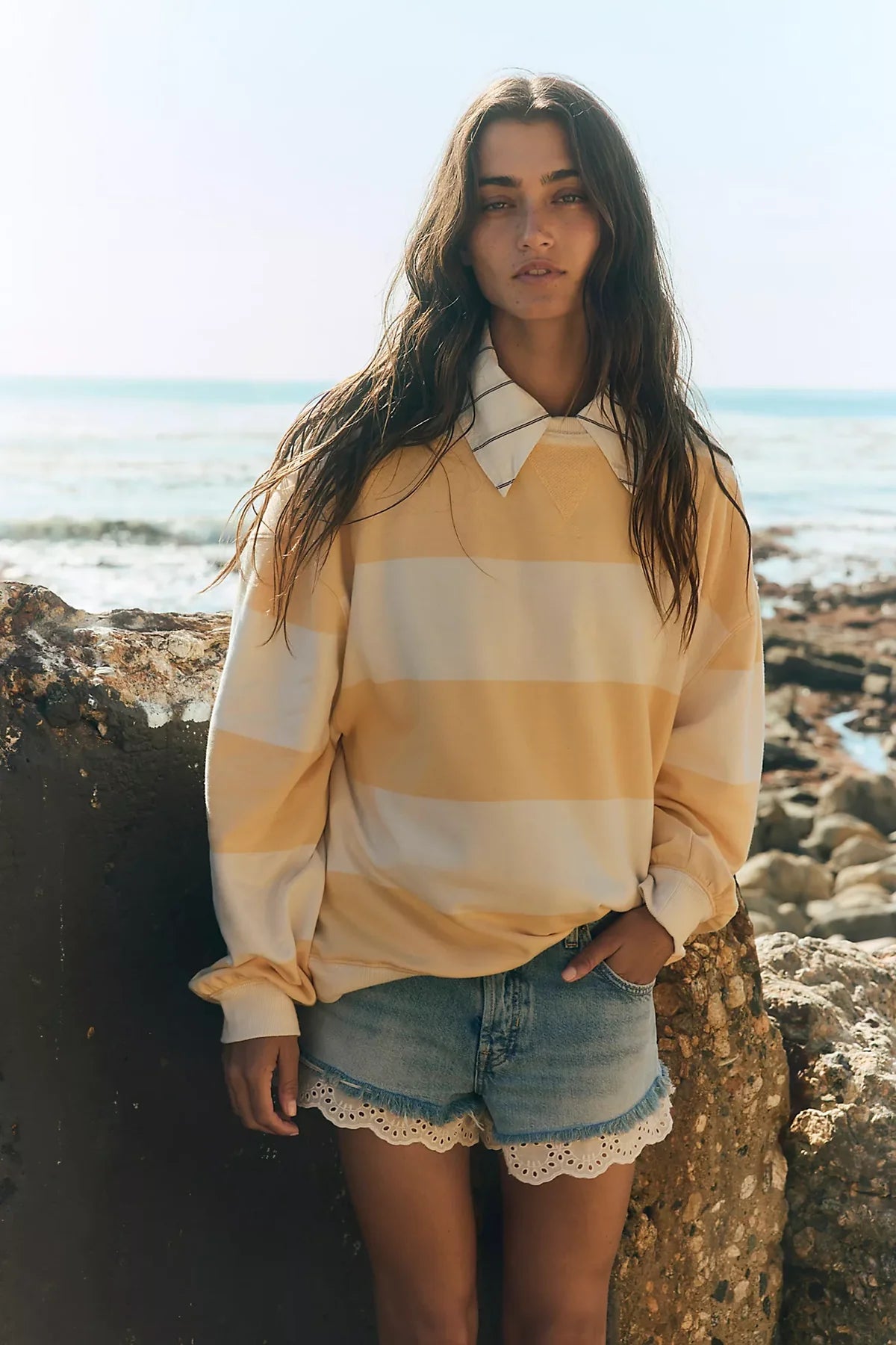 Free People Classic Striped Crew Apricot jumper - oversized knit, Studio Row Australia