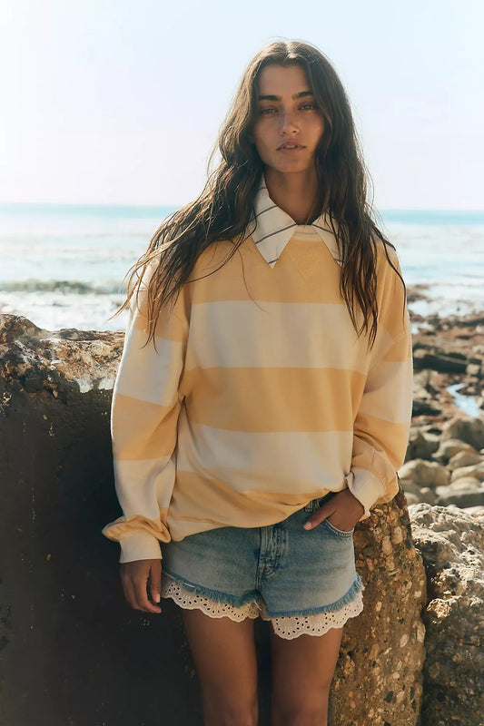 Free People Classic Striped Crew Apricot jumper - oversized knit, Studio Row Australia