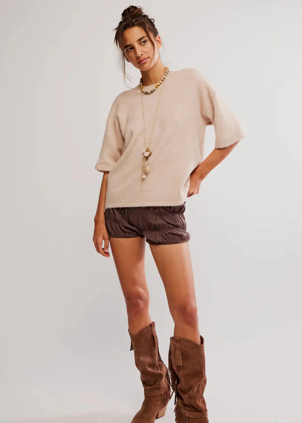Free People Margot Sweater Tee Pearl Melange - oversized knit, Studio Row Australia
