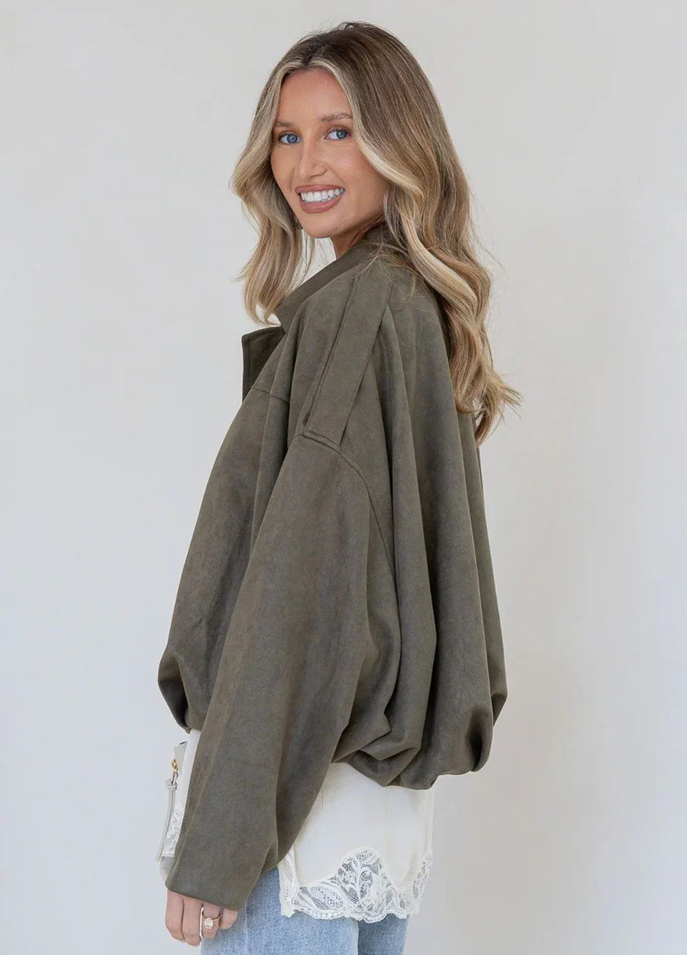 Suede Bomber Jacket Khaki Australia | Studio Row