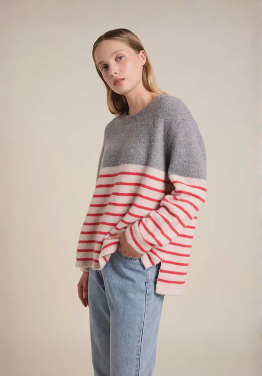 Little Lies Lexie Striped Jumper Grey Red - knit with side splits, Studio Row Australia