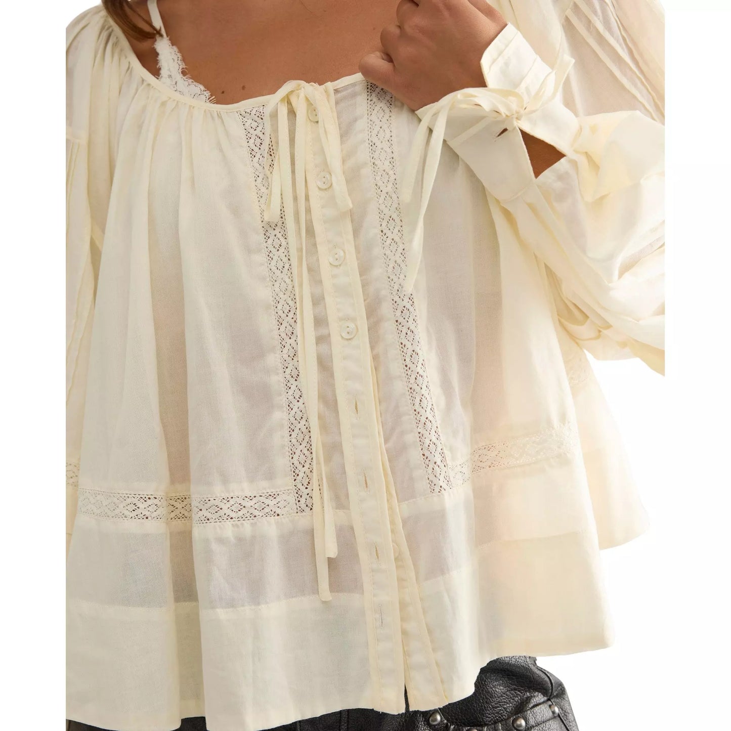 We The Free La Lune Blouse in Tofu — airy cotton boho blouse with square neckline, pintucks and adjustable ties
