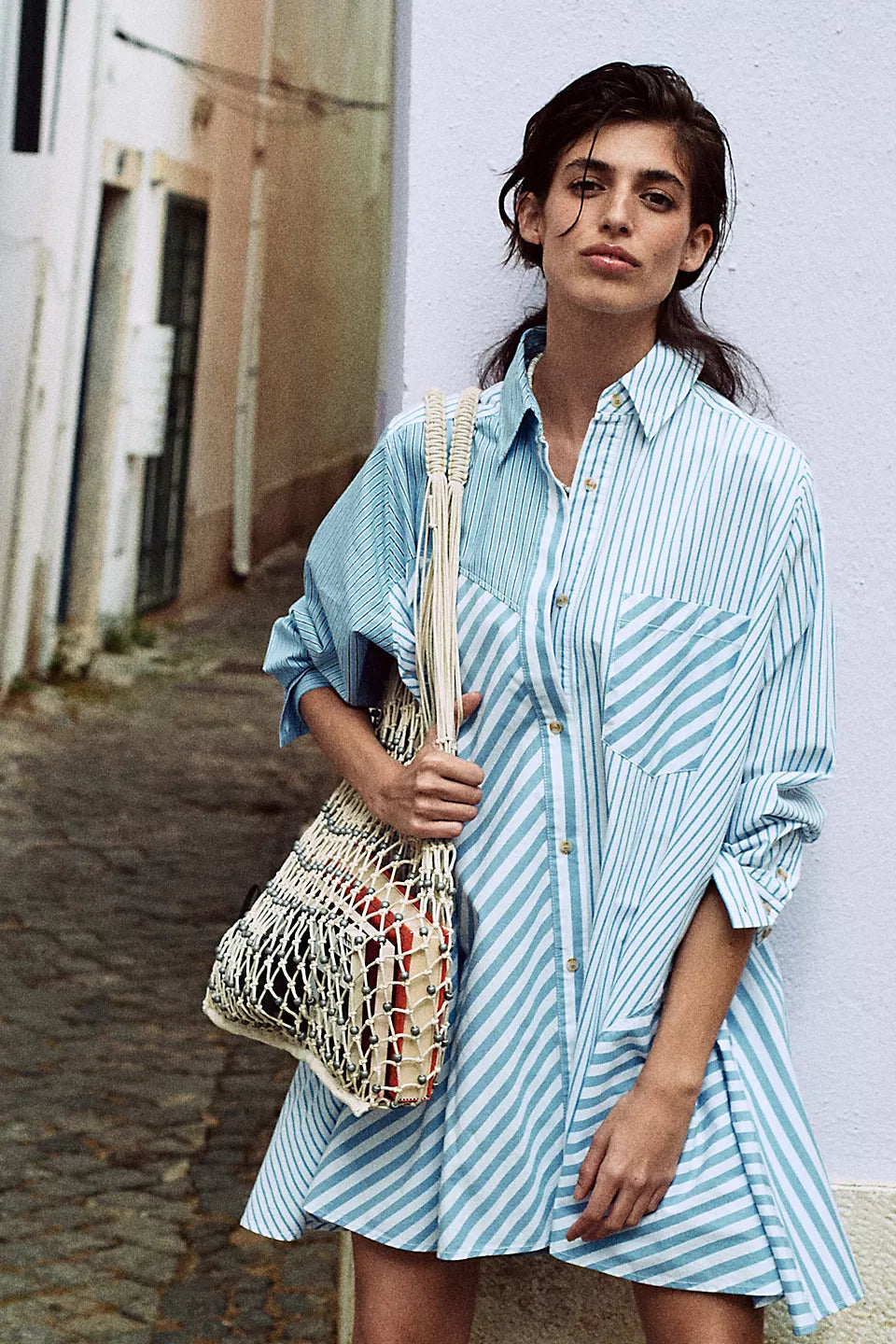 Oxford Club Mini Dress in Cornfield Combo — breezy cotton A-line mini dress with collar, long sleeves and contrast panels
