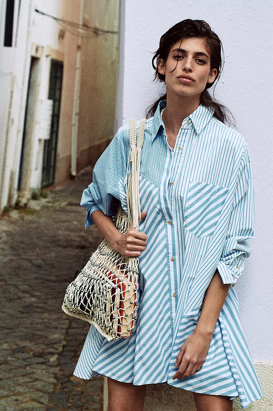 Oxford Club Mini Dress in Cornfield Combo — breezy cotton A-line mini dress with collar, long sleeves and contrast panels