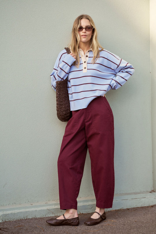 Women’s blue striped rugby knit with white collar by Ceres life