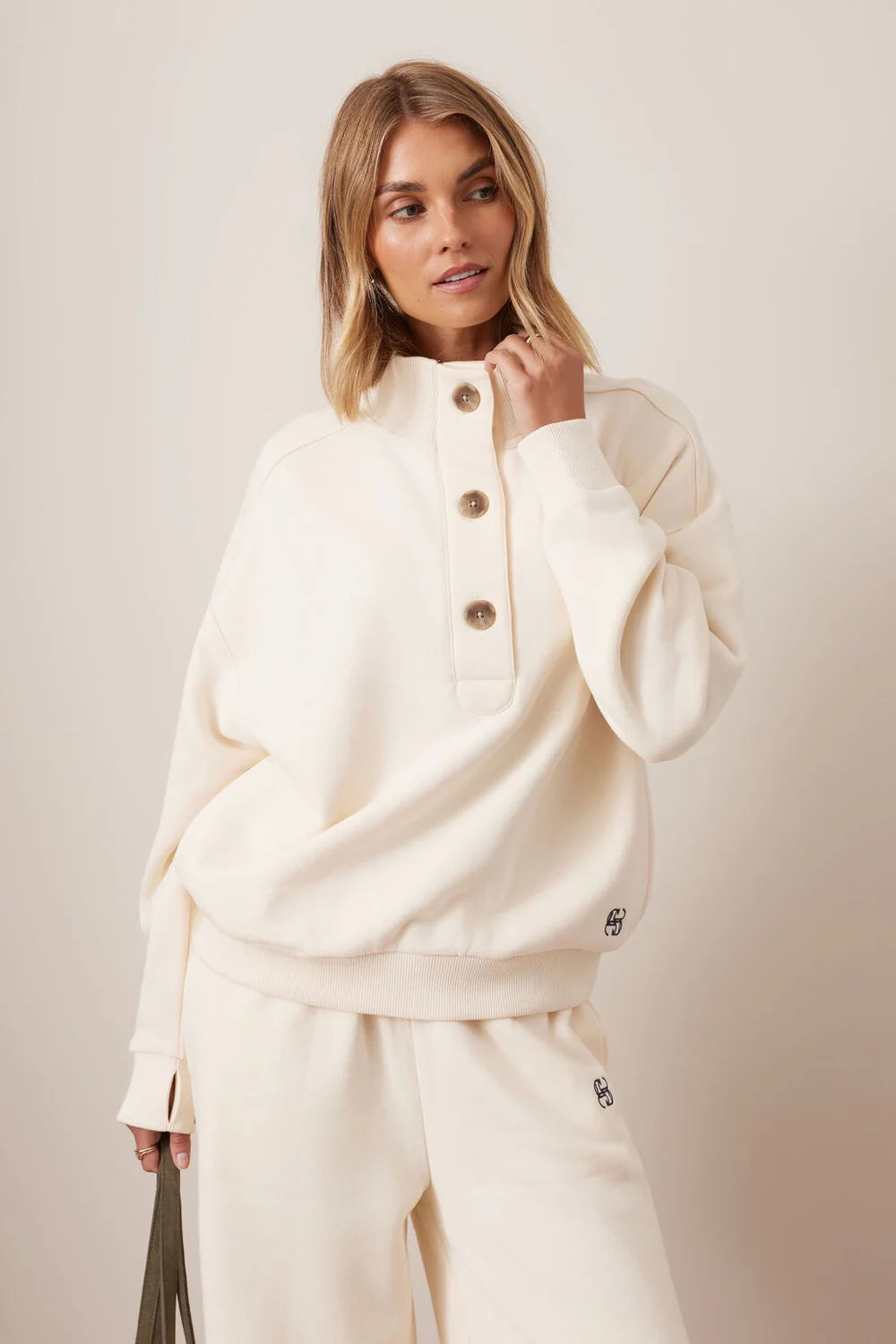 Women’s cream button up sweatshirt by Ceres Life, soft lounge wear set 
