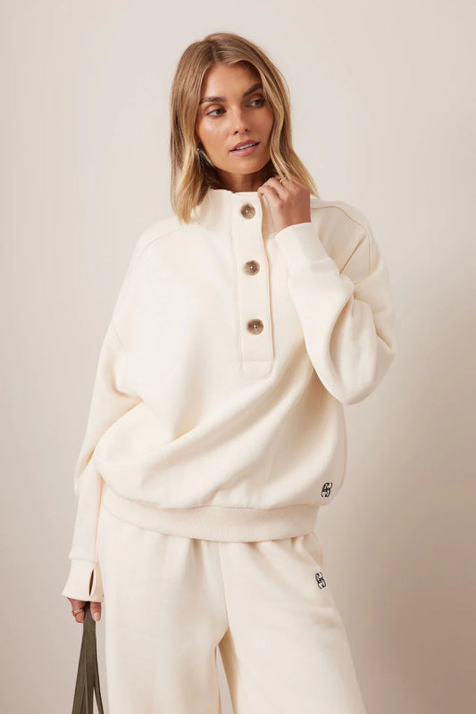 Women’s cream button up sweatshirt by Ceres Life, soft lounge wear set 
