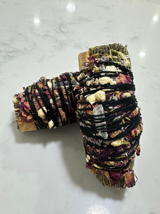Sage smudge and palo santo bundle with crystal. Gifting and housewarming