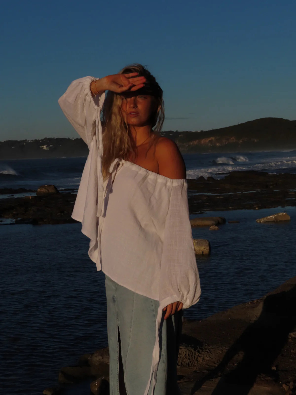 Women’s tie up cotton top white by Studio Row, designed in Newcastle, made in Bali, summer top, off shoulder top 