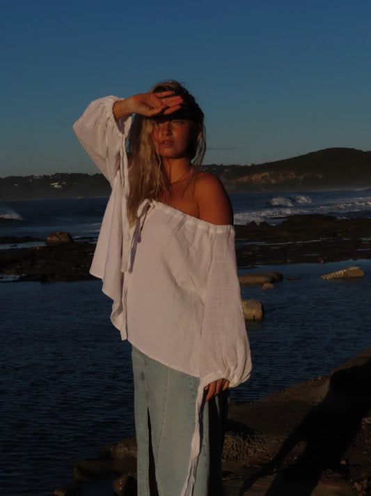 Women’s tie up cotton top white by Studio Row, designed in Newcastle, made in Bali, summer top, off shoulder top