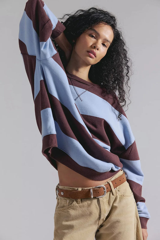 Women’s blue and brown striped oversized crewneck jumper by free people, casual, winter outfit, cotton blend